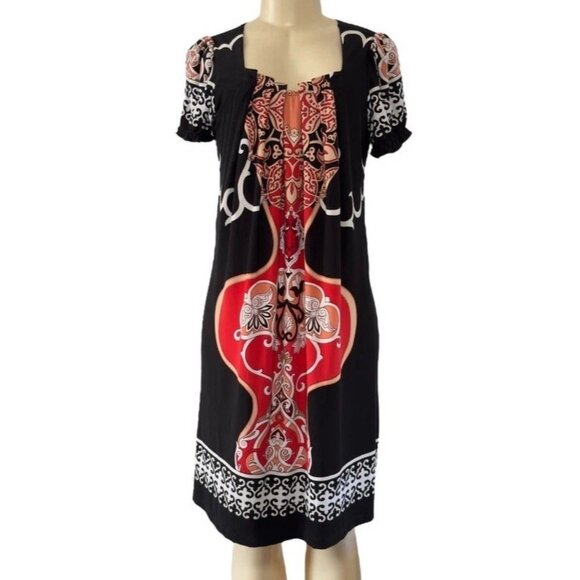 Carole Little Women’s Black Short‎  Dress Pleated Scoop Neck Orange Red Batik 10 - Picture 1 of 8
